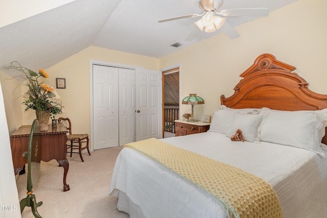 106 Scuppernong Ct, West End, NC 27376 - bedroom featuring light carpet, a closet, lofted ceiling, and a ceiling fan