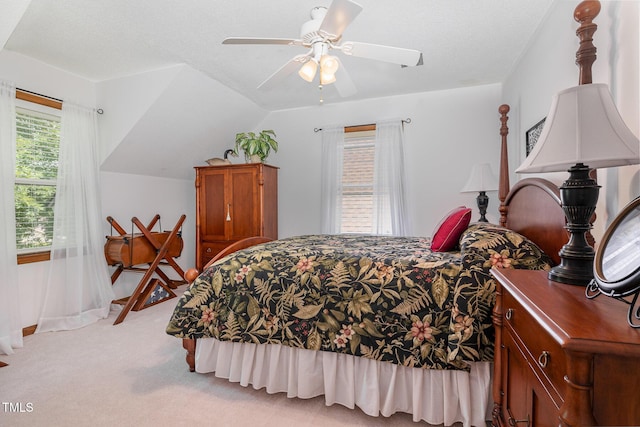106 Scuppernong Ct, West End, NC 27376 - bedroom with light colored carpet, ceiling fan, and lofted ceiling