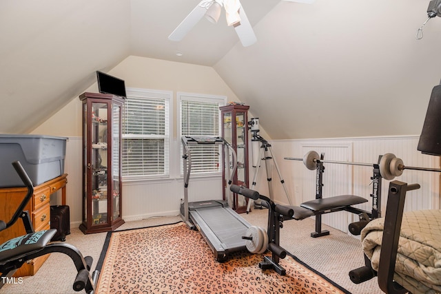 106 Scuppernong Ct, West End, NC 27376 - exercise room with a ceiling fan, carpet, and lofted ceiling