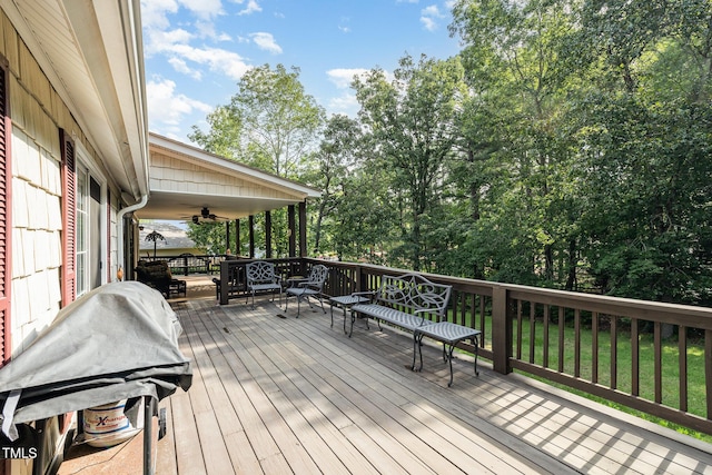 106 Scuppernong Ct, West End, NC 27376 - wooden terrace with area for grilling, ceiling fan, and view of scattered trees