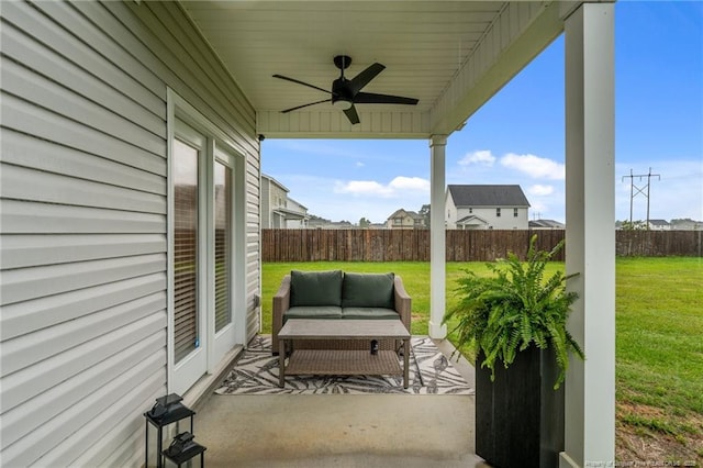 115 Doubletree Ln, Autryville, NC 28318 - fenced backyard with a ceiling fan, a patio, and an outdoor living space