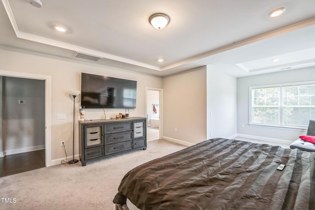 1051 Jura Ridge Dr, Fuquay Varina, NC 27526 - bedroom featuring a tray ceiling, light carpet, recessed lighting, and crown molding