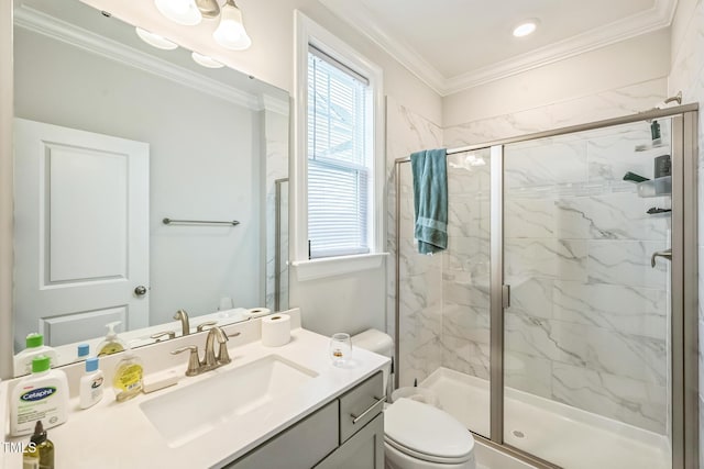 1051 Jura Ridge Dr, Fuquay Varina, NC 27526 - full bath featuring a marble finish shower, plenty of natural light, vanity, and ornamental molding