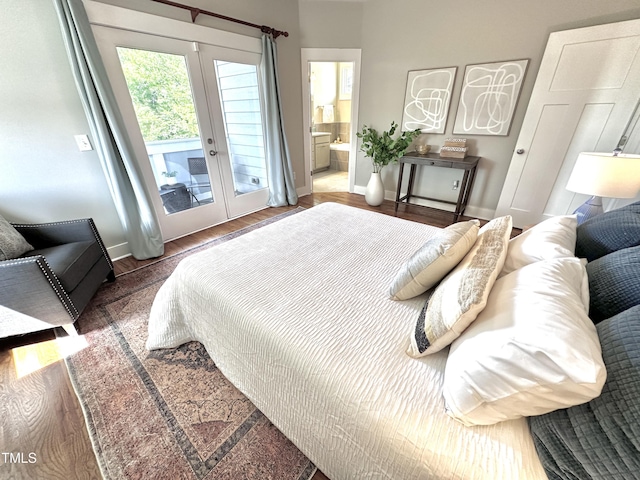 118 Chestnut St, Durham, NC 27707 - bedroom featuring access to outside, french doors, wood finished floors, and ensuite bath