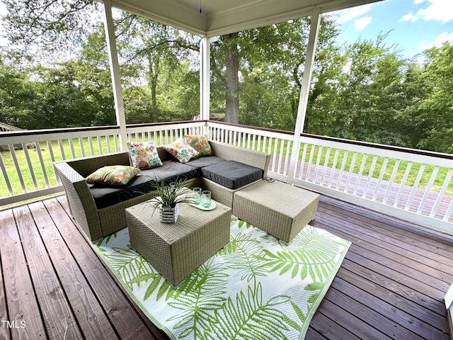 118 Chestnut St, Durham, NC 27707 - deck with an outdoor hangout area, view of scattered trees, and a lawn