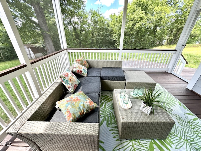 118 Chestnut St, Durham, NC 27707 - wooden terrace with an outdoor living space and view of scattered trees