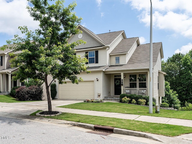 857 Stable Fern Dr, Fuquay Varina, NC 27526 - view of front of home with covered porch, concrete driveway, a front yard, a garage, and roof with shingles
