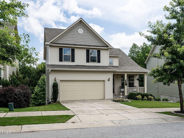 857 Stable Fern Dr, Fuquay Varina, NC 27526 - view of front of house featuring a porch, a garage, driveway, a front yard, and roof with shingles