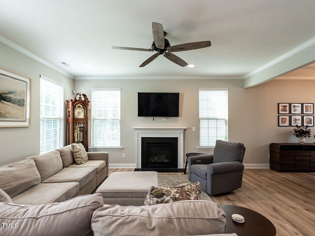 857 Stable Fern Dr, Fuquay Varina, NC 27526 - living area featuring light wood-type flooring, a ceiling fan, ornamental molding, a fireplace with flush hearth, and recessed lighting
