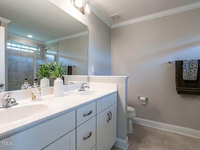 857 Stable Fern Dr, Fuquay Varina, NC 27526 - full bathroom with double vanity, a stall shower, and crown molding