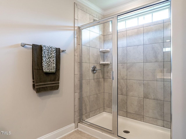 857 Stable Fern Dr, Fuquay Varina, NC 27526 - full bathroom with a stall shower and crown molding