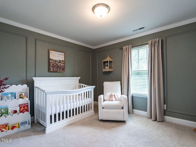 857 Stable Fern Dr, Fuquay Varina, NC 27526 - bedroom featuring crown molding, a crib, carpet floors, and a decorative wall