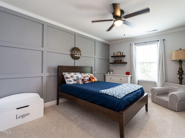 857 Stable Fern Dr, Fuquay Varina, NC 27526 - bedroom with crown molding, light carpet, a decorative wall, and ceiling fan