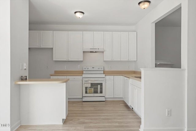 8326 Glenwood Springs Ct, Raleigh, NC 27616 - kitchen with white appliances, under cabinet range hood, light wood-style flooring, light countertops, and white cabinets