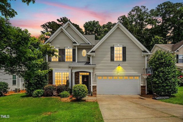 304 Forbes Rd, Wake Forest, NC 27587 - traditional home featuring concrete driveway, a garage, a yard, stone siding, and a shingled roof