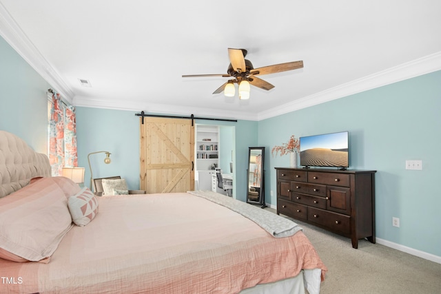 304 Forbes Rd, Wake Forest, NC 27587 - bedroom with crown molding, a barn door, carpet, and a ceiling fan