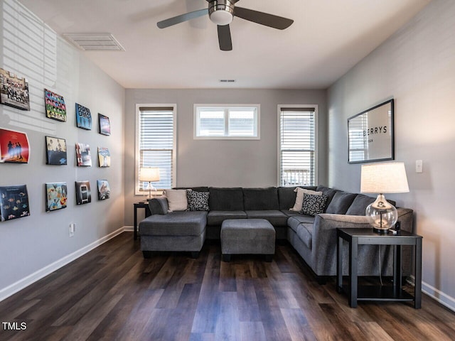 157 E Wilson St, Clayton, NC 27520 - living area featuring ceiling fan and dark wood-style floors