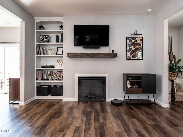 157 E Wilson St, Clayton, NC 27520 - living area with wood finished floors, a glass covered fireplace, and built in features