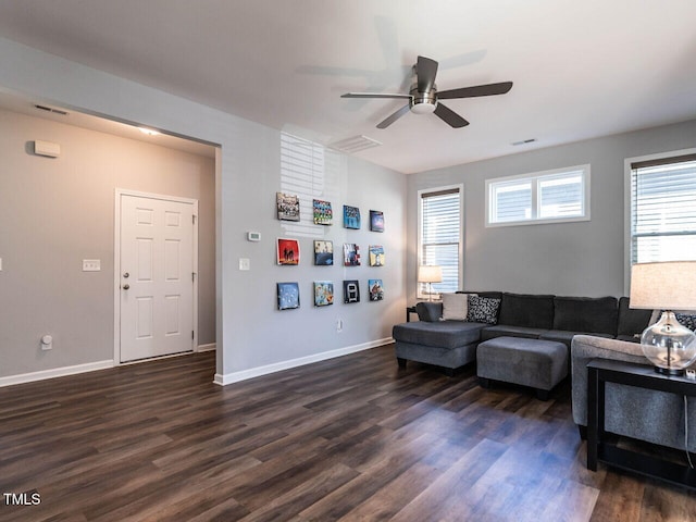 157 E Wilson St, Clayton, NC 27520 - living area with ceiling fan and dark wood finished floors