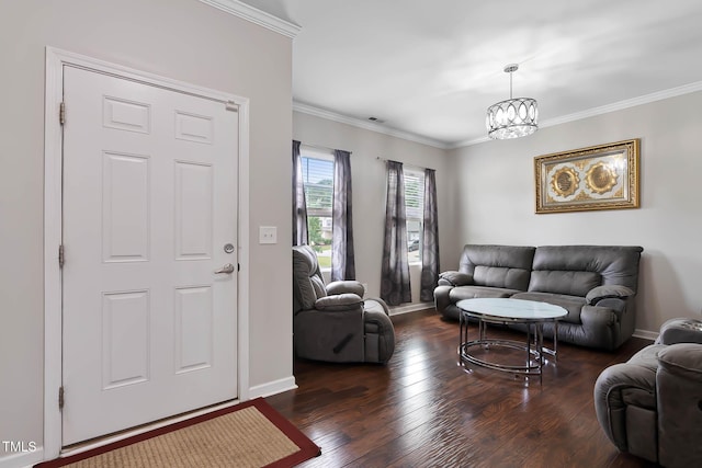 8005 Caithness St, Raleigh, NC 27616 - living area featuring crown molding, wood finished floors, and a chandelier