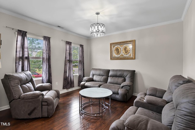 8005 Caithness St, Raleigh, NC 27616 - living area featuring ornamental molding, dark wood-style floors, and a chandelier