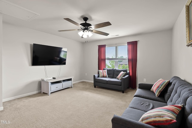 8005 Caithness St, Raleigh, NC 27616 - living area with attic access, a ceiling fan, and light carpet