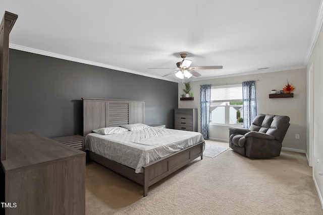 8005 Caithness St, Raleigh, NC 27616 - bedroom with light colored carpet, crown molding, and a ceiling fan