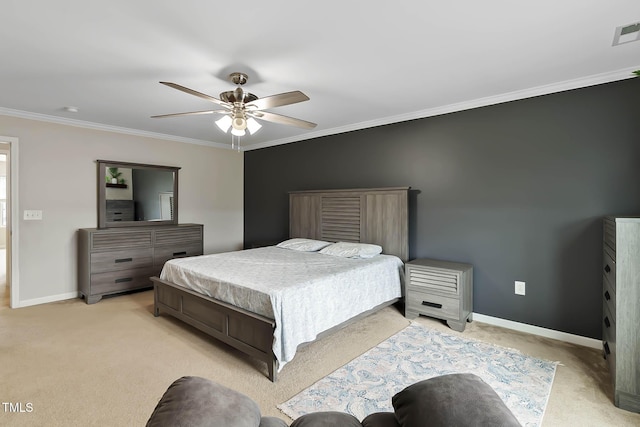 8005 Caithness St, Raleigh, NC 27616 - bedroom with light colored carpet, ornamental molding, and a ceiling fan