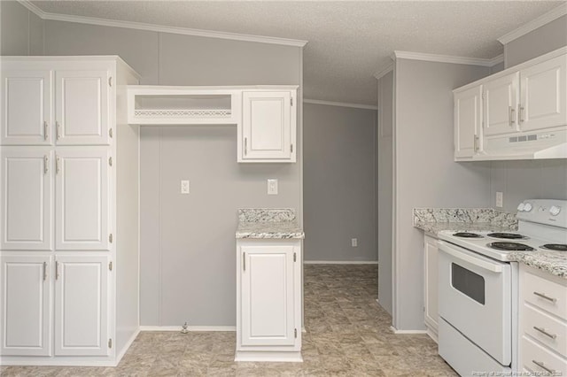 2990 Aberdeen Rd, Raeford, NC 28376 - kitchen featuring white electric stove, under cabinet range hood, white cabinetry, ornamental molding, and a textured ceiling
