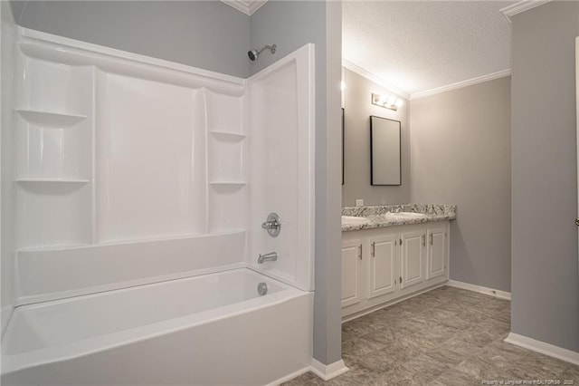 2990 Aberdeen Rd, Raeford, NC 28376 - bathroom with vanity, ornamental molding, shower / bath combination, and a textured ceiling