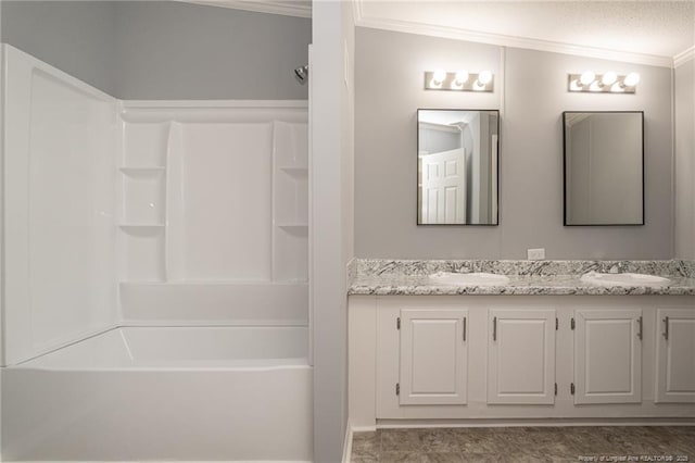 2990 Aberdeen Rd, Raeford, NC 28376 - full bathroom featuring crown molding, double vanity, and tub / shower combination