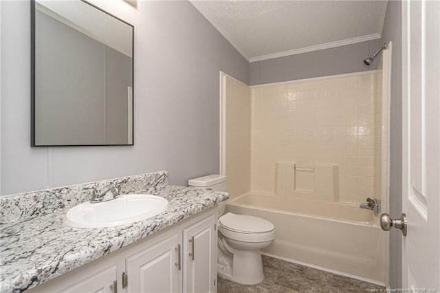 2990 Aberdeen Rd, Raeford, NC 28376 - bathroom with vanity, a textured ceiling, bathtub / shower combination, and ornamental molding