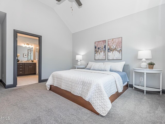 335 Glenn St, Franklinton, NC 27525 - bedroom featuring light colored carpet, high vaulted ceiling, ensuite bathroom, and ceiling fan