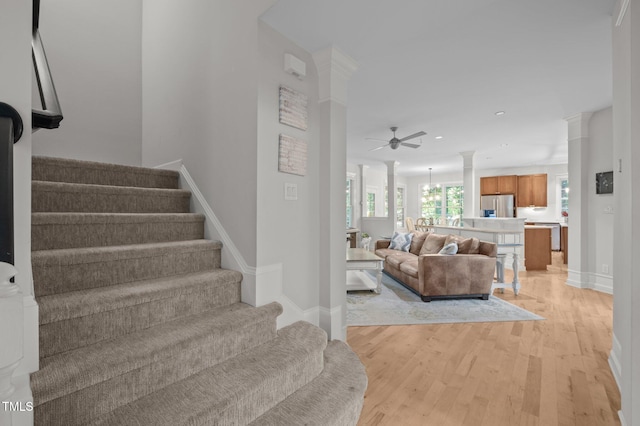 100 Redfoot Run Rd, Chapel Hill, NC 27516 - stairs with ornate columns, wood finished floors, a ceiling fan, and recessed lighting