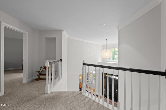 100 Redfoot Run Rd, Chapel Hill, NC 27516 - hall featuring an upstairs landing, carpet, and crown molding