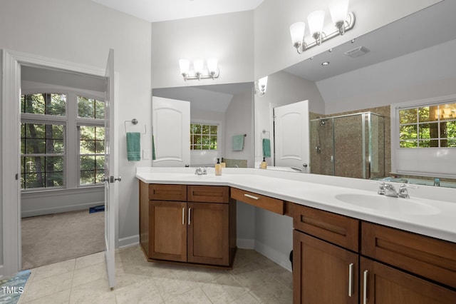 100 Redfoot Run Rd, Chapel Hill, NC 27516 - bathroom with vanity, a shower stall, a chandelier, plenty of natural light, and vaulted ceiling
