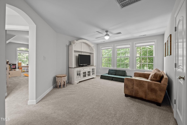 100 Redfoot Run Rd, Chapel Hill, NC 27516 - living area featuring carpet flooring, a ceiling fan, and arched walkways