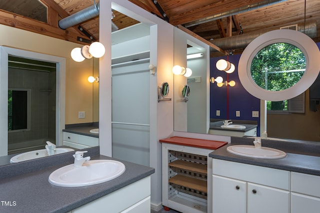 820 Runnymede Rd, Raleigh, NC 27607 - full bathroom with vanity and a wood ceiling with exposed beams