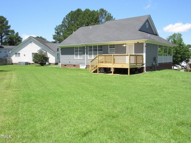 2662 Walas Ct, Creedmoor, NC 27522 - back of property featuring a shingled roof, crawl space, a wooden deck, and a lawn
