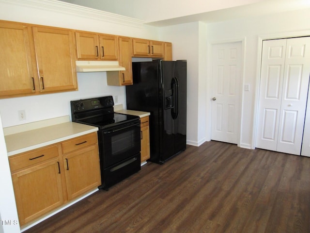 2662 Walas Ct, Creedmoor, NC 27522 - kitchen with black appliances, under cabinet range hood, dark wood finished floors, and light countertops