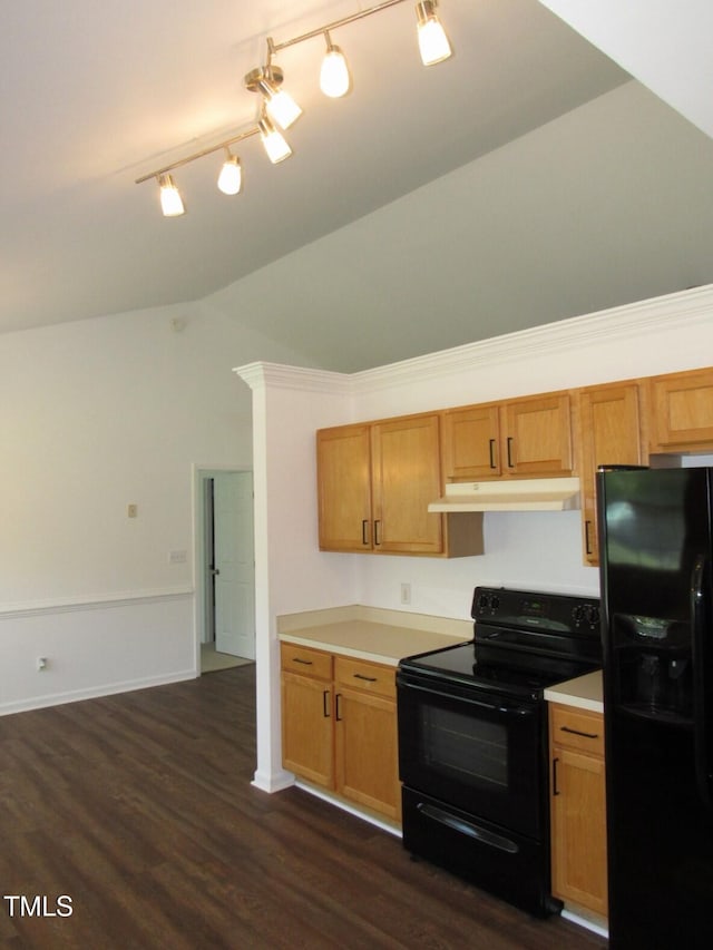 2662 Walas Ct, Creedmoor, NC 27522 - kitchen featuring black appliances, under cabinet range hood, vaulted ceiling, light countertops, and dark wood-style floors