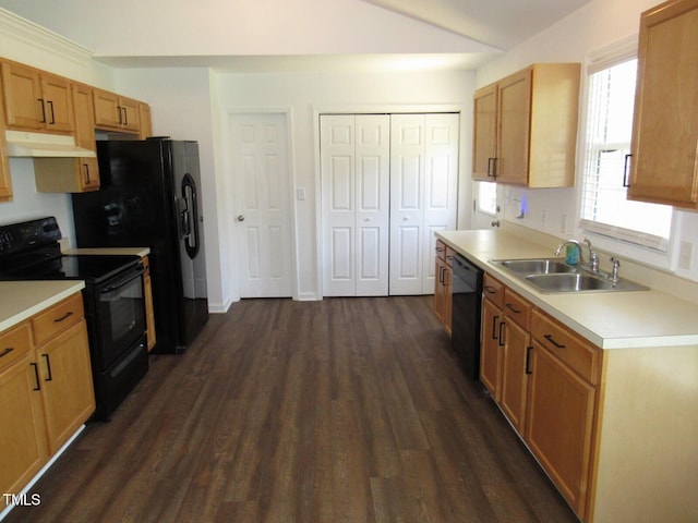 2662 Walas Ct, Creedmoor, NC 27522 - kitchen featuring black appliances, under cabinet range hood, dark wood-style floors, and light countertops