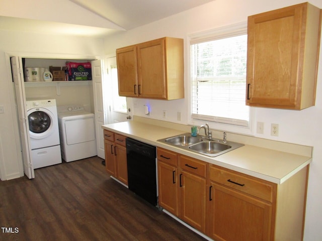 2662 Walas Ct, Creedmoor, NC 27522 - kitchen featuring black dishwasher, independent washer and dryer, dark wood finished floors, light countertops, and vaulted ceiling
