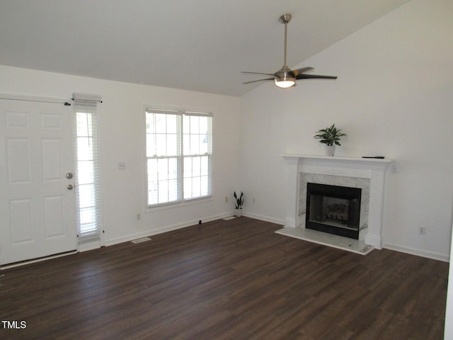 2662 Walas Ct, Creedmoor, NC 27522 - unfurnished living room with dark wood finished floors, ceiling fan, a fireplace, and lofted ceiling