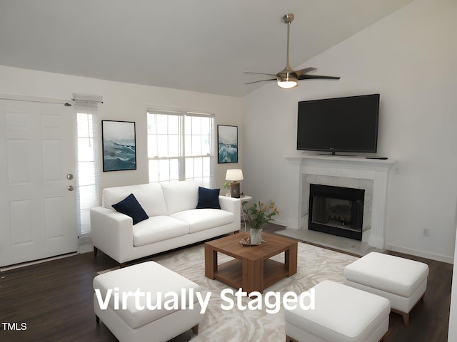 2662 Walas Ct, Creedmoor, NC 27522 - living area with lofted ceiling, ceiling fan, wood finished floors, and a high end fireplace