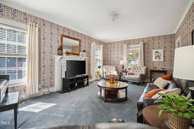 210 Peachtree St, Roxboro, NC 27573 - carpeted living area featuring wallpapered walls and crown molding