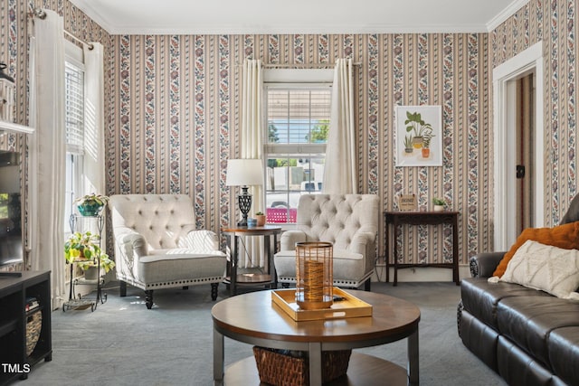 210 Peachtree St, Roxboro, NC 27573 - carpeted living room with wallpapered walls, crown molding, and healthy amount of natural light