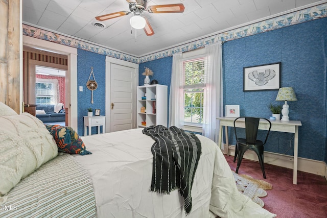 210 Peachtree St, Roxboro, NC 27573 - carpeted bedroom featuring wallpapered walls and ceiling fan
