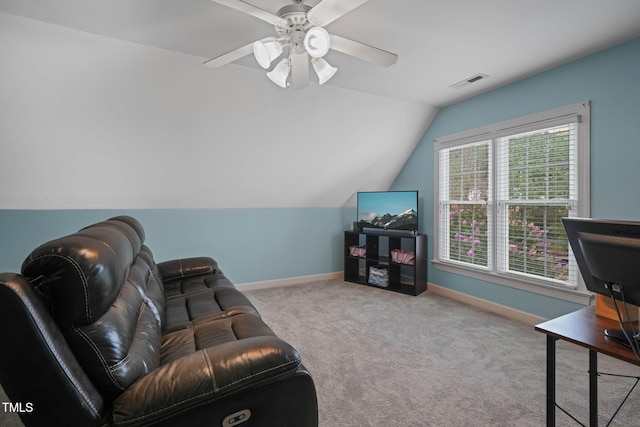 2925 Dargan Hills Dr, Wake Forest, NC 27587 - living area featuring vaulted ceiling, a ceiling fan, and carpet flooring