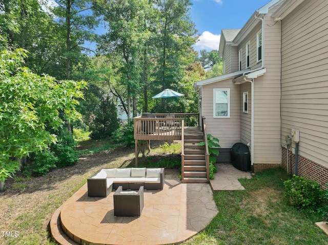 2925 Dargan Hills Dr, Wake Forest, NC 27587 - view of yard with an outdoor living space, a deck, a patio, and stairs